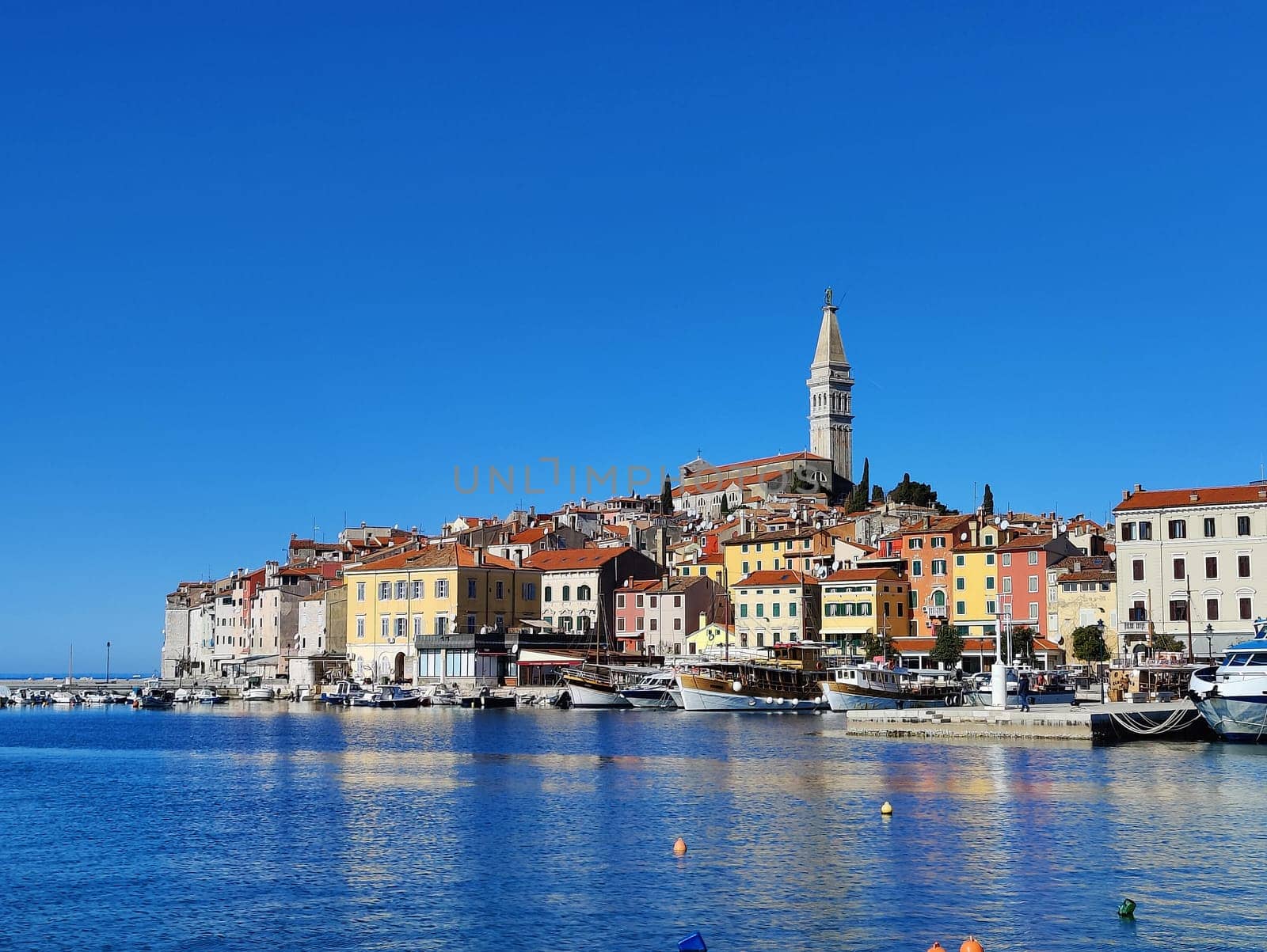 Panoramic view on old town Rovinj from harbor. Istria peninsula, Croatia