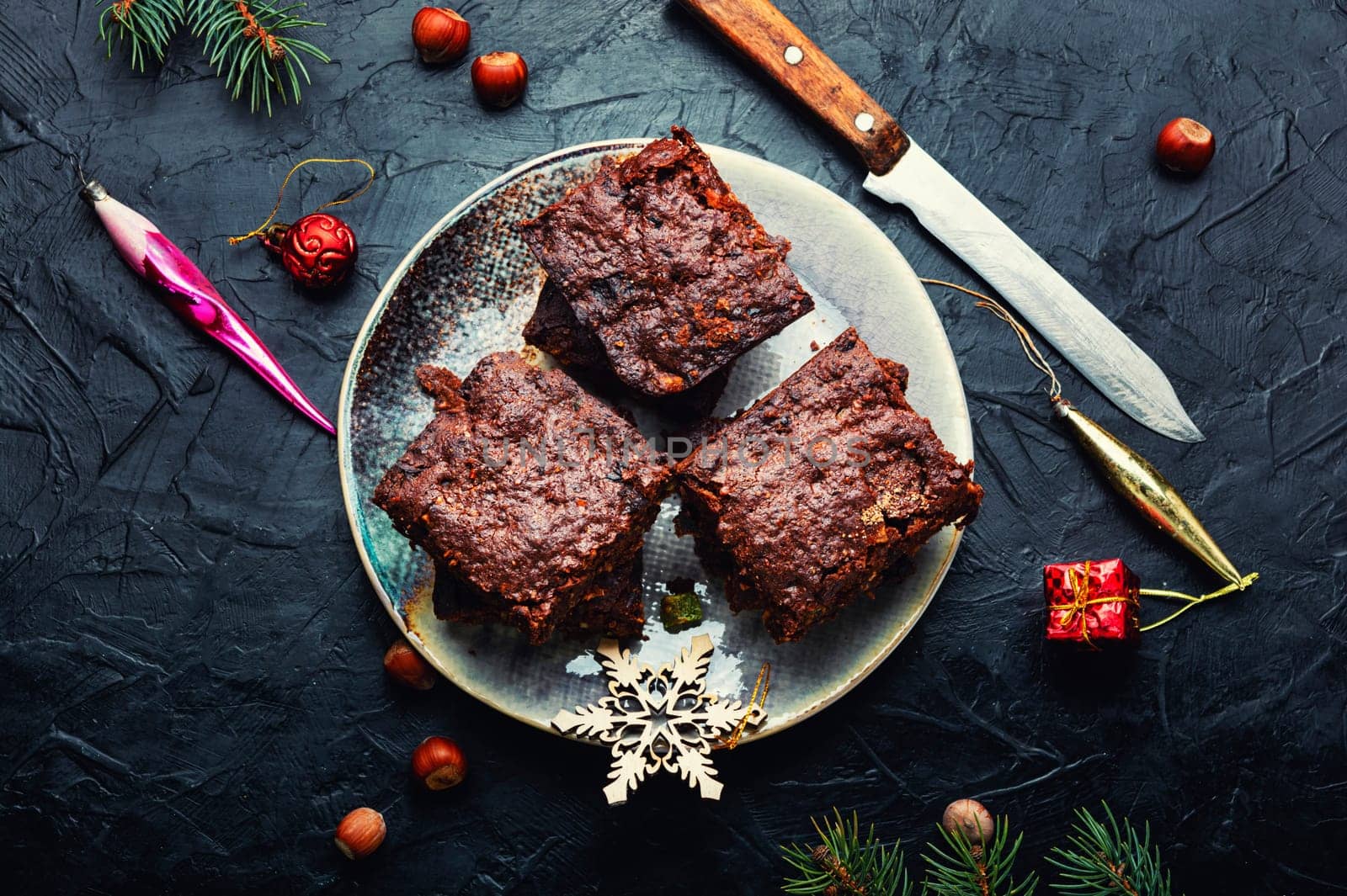 Panforte, cake with almonds, nuts, dried fruits and berries. Italian Christmas pastries