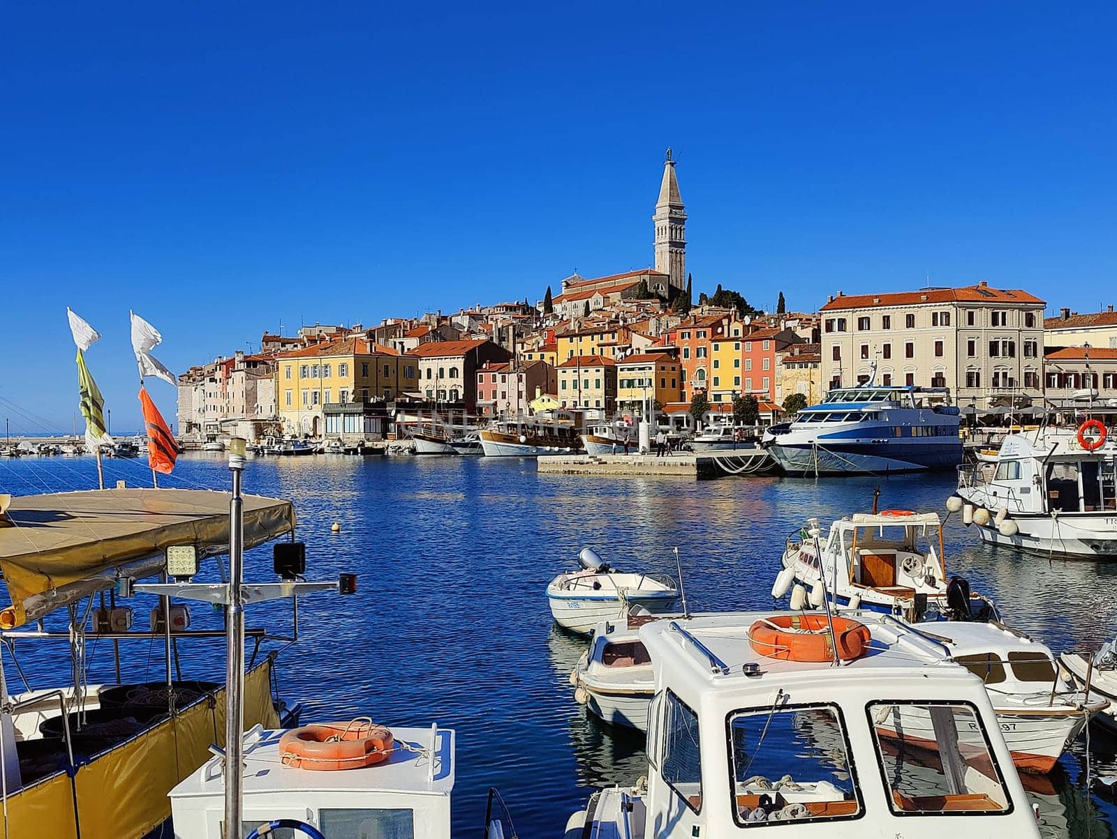 Panoramic view on old town Rovinj from harbor. Istria peninsula, Croatia