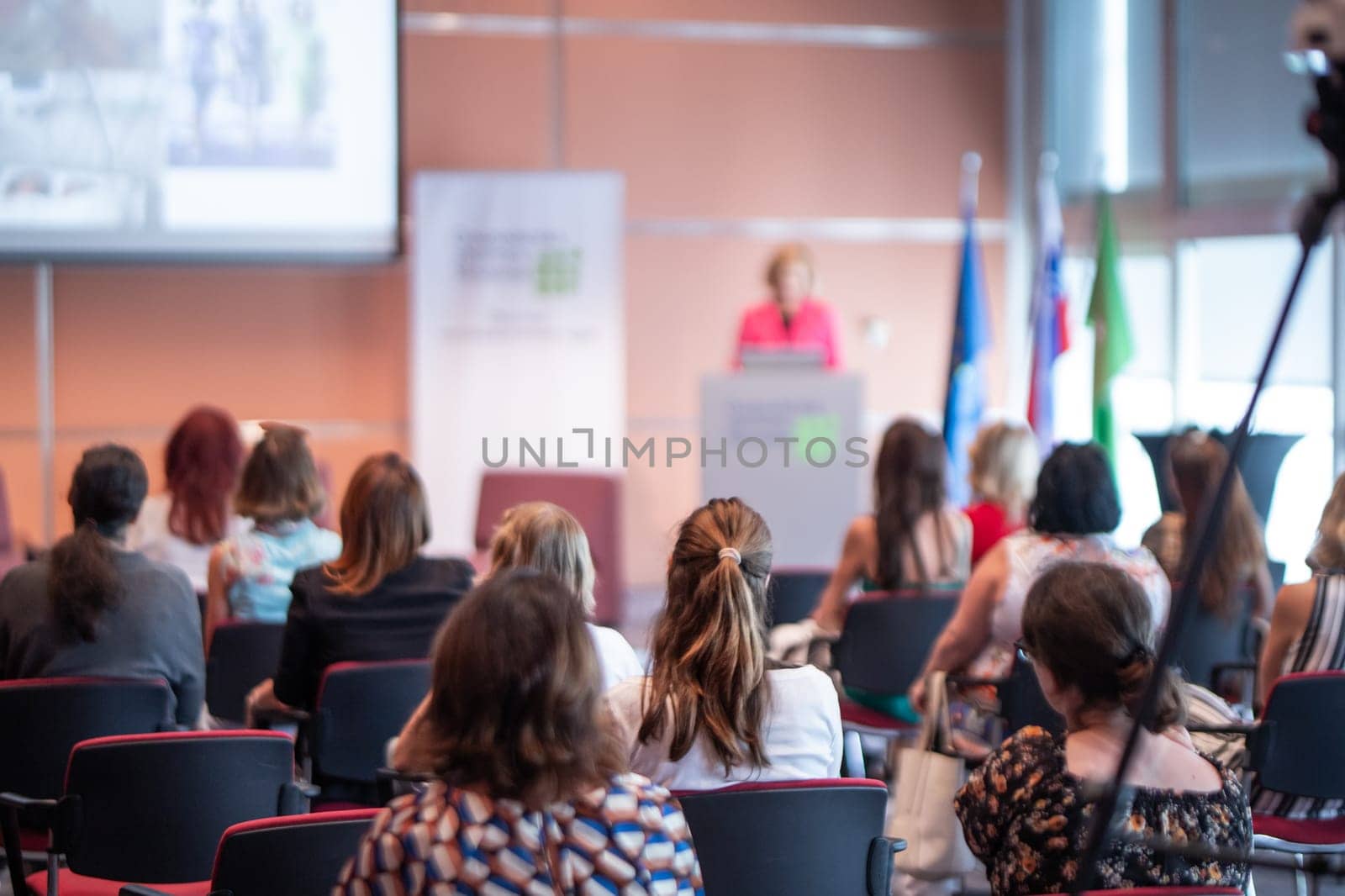 Business and entrepreneurship symposium. Female speaker giving a talk at business meeting. Audience in conference hall. Rear view of unrecognized participant in audience.