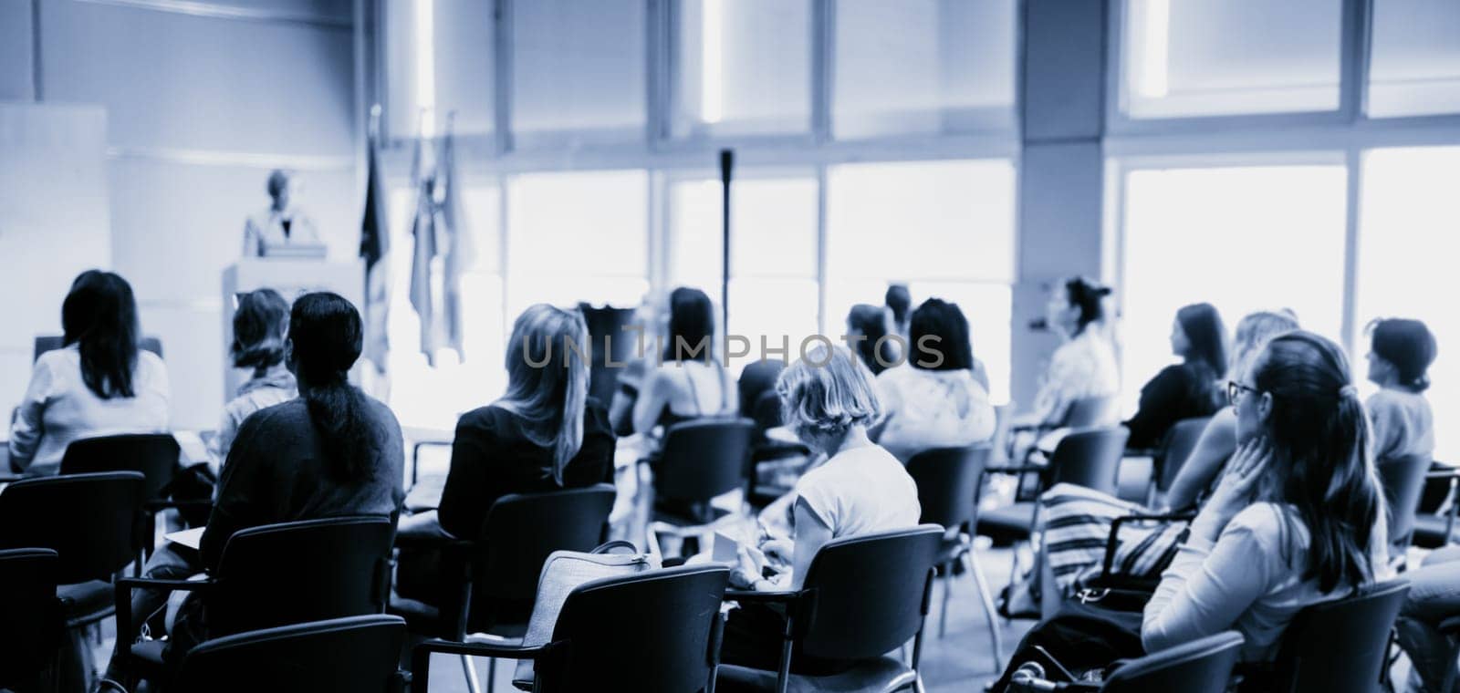 Business and entrepreneurship symposium. Female speaker giving a talk at business meeting. Audience in conference hall. Rear view of unrecognized participant in audience.