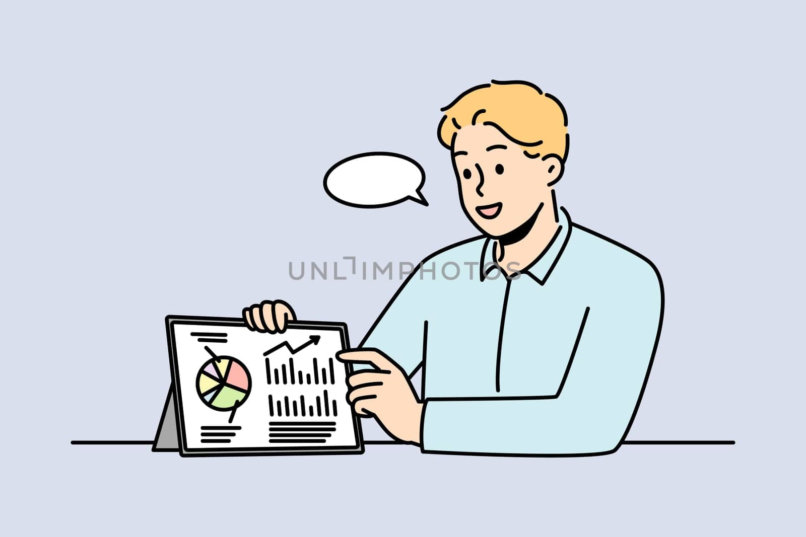 Businessman showing presentation on pad device. Smiling male coach or trainer present financial business project on tablet. Vector illustration.