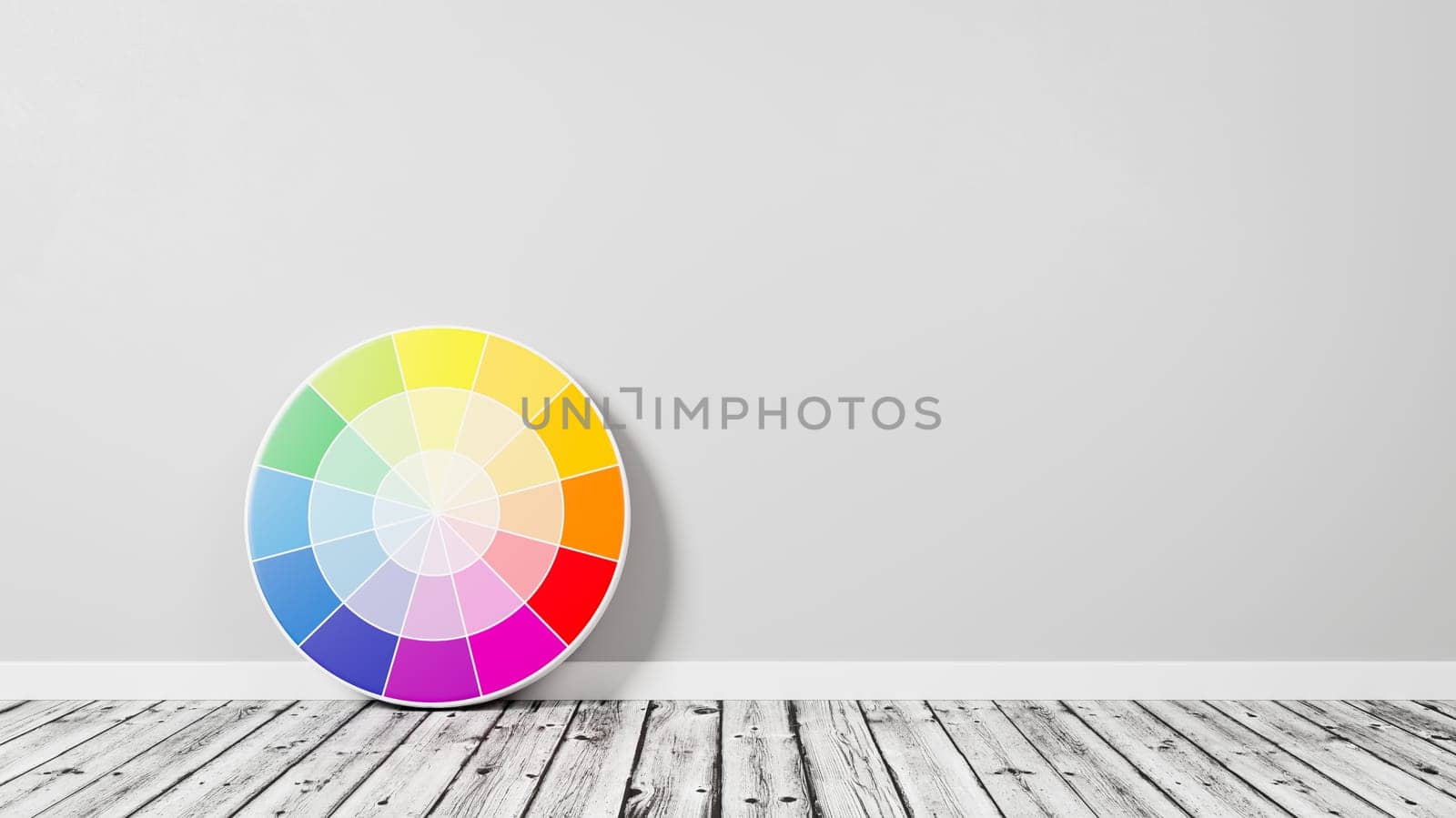 RYB Color Wheel on Wooden Floor Against a Gray Wall with Copy Space 3D Render Illustration