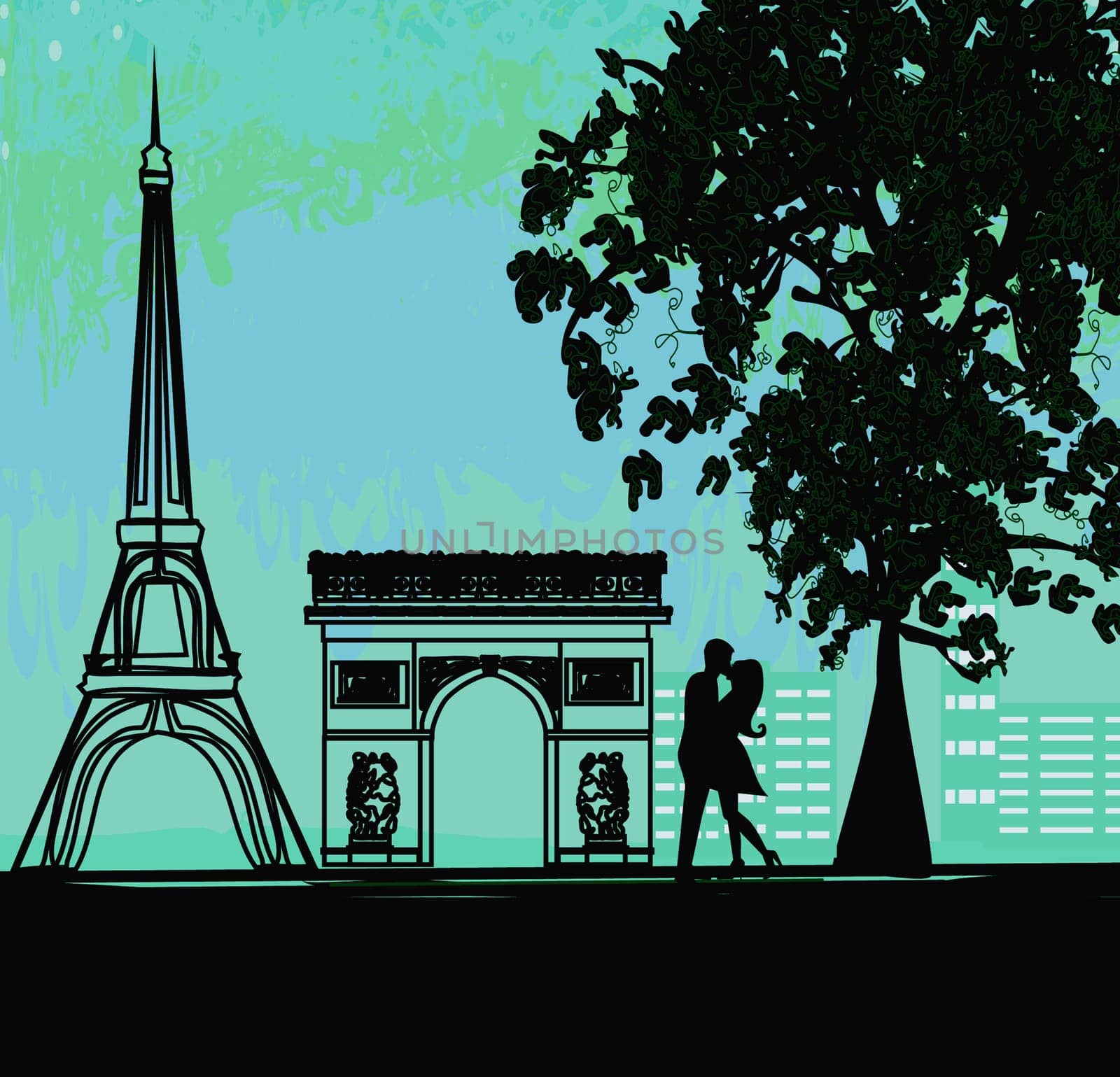 Romantic couple in Paris kissing near the Eiffel Tower