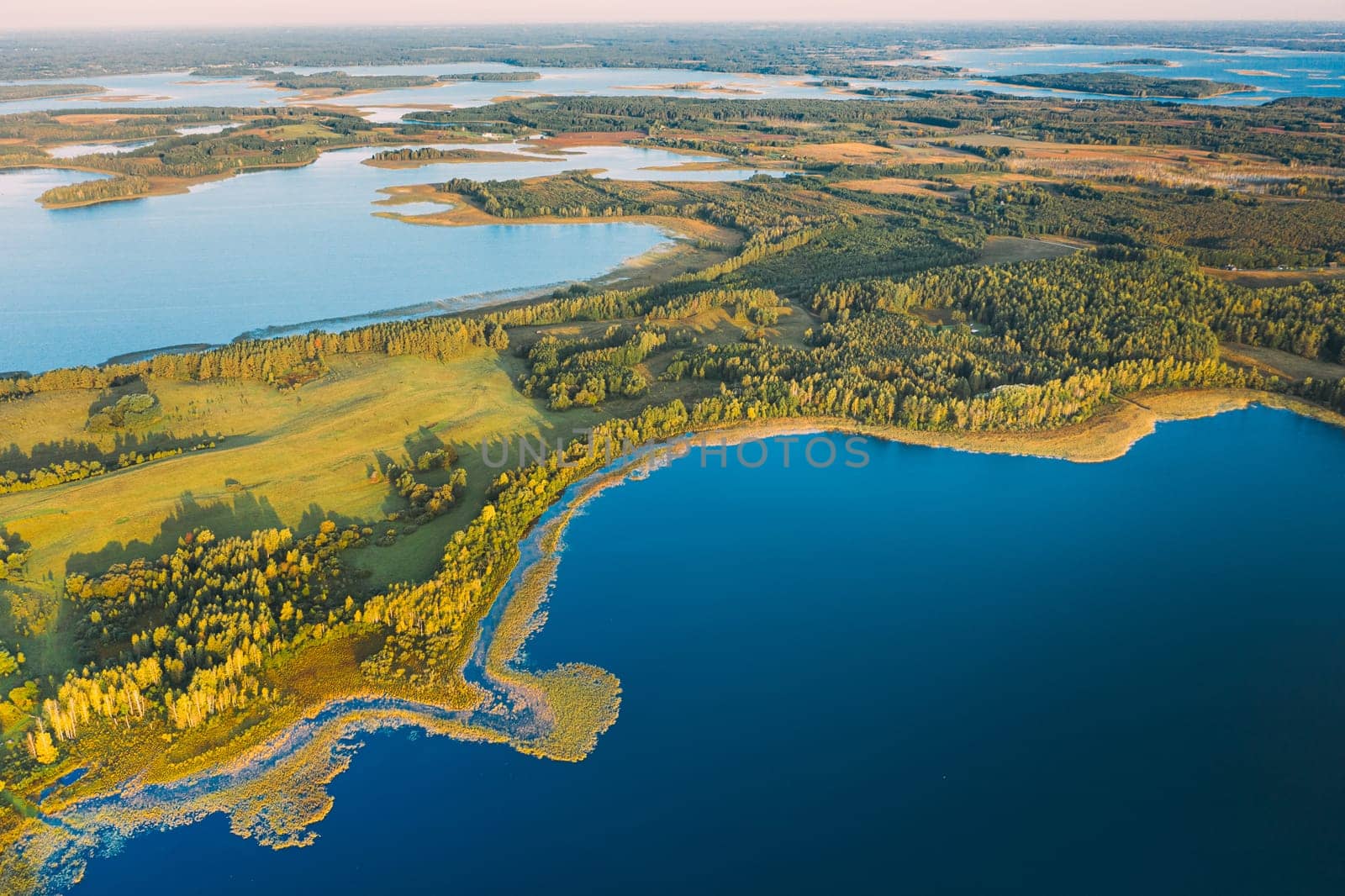 Braslaw Or Braslau, Vitebsk Voblast, Belarus. Aerial View Of Nedrava Lake And Green Forest Landscape In Sunny Autumn Morning. Top View Of Beautiful European Nature From High Attitude. Bird's Eye View. Famous Lakes. Natural Landmarks.