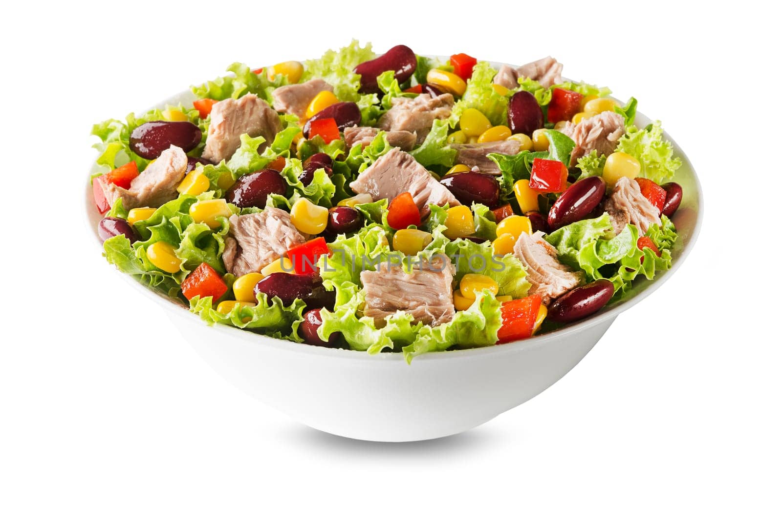 Healthy Green salad with tuna, corn, peppers and beans isolated on white background. Mexican corn salad.