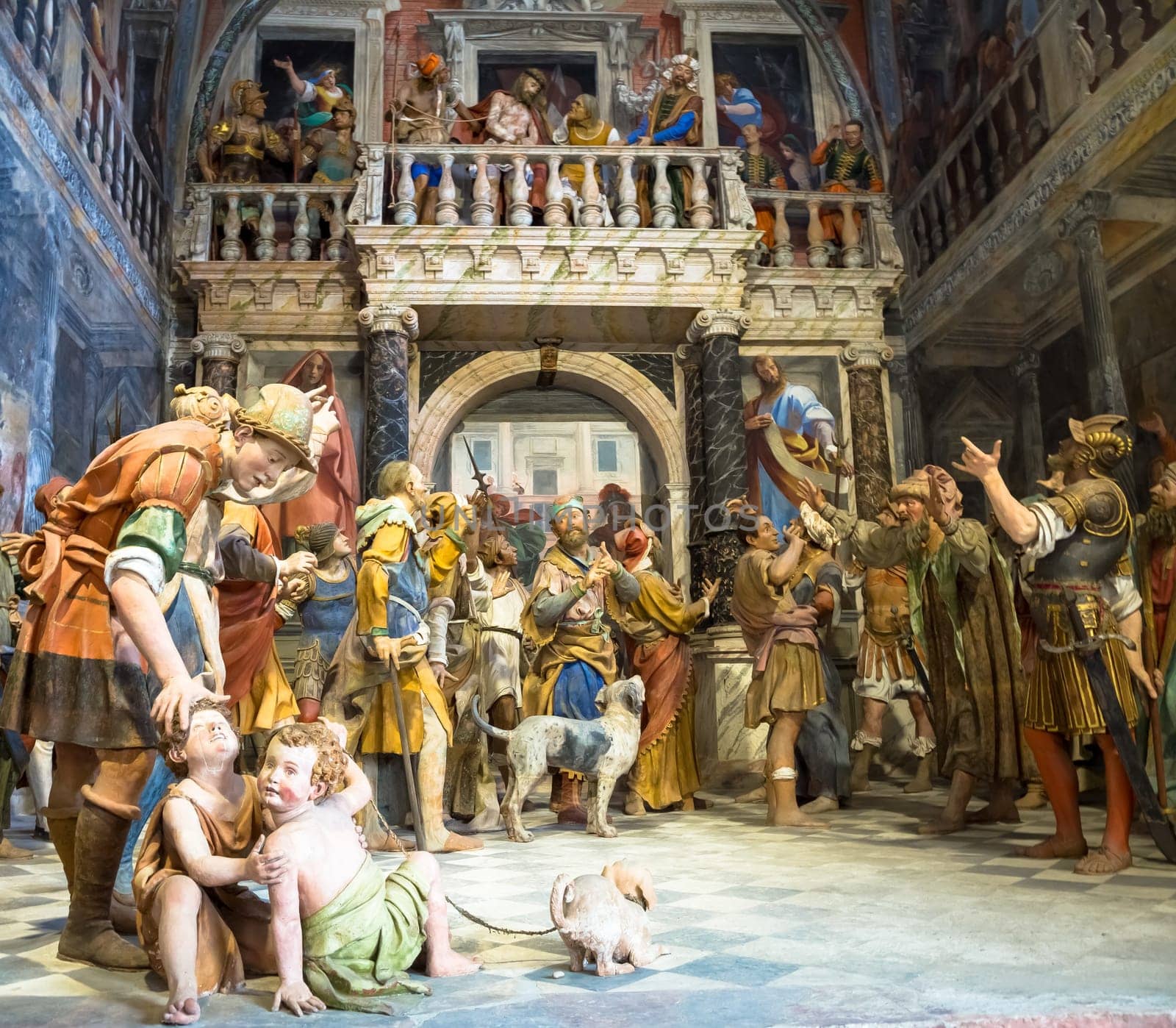 VARALLO, ITALY - June 2020: the Sacro Monte at Varallo comprises 45 chapels inserted into the large monumental complexes Nazareth, Bethlehem, Pilate’s house, Calvary, Sepulchre and Parella’s house – populated by more than 800 life size painted statues, that dramatically illustrate the life, passion, death and resurrection of Christ.