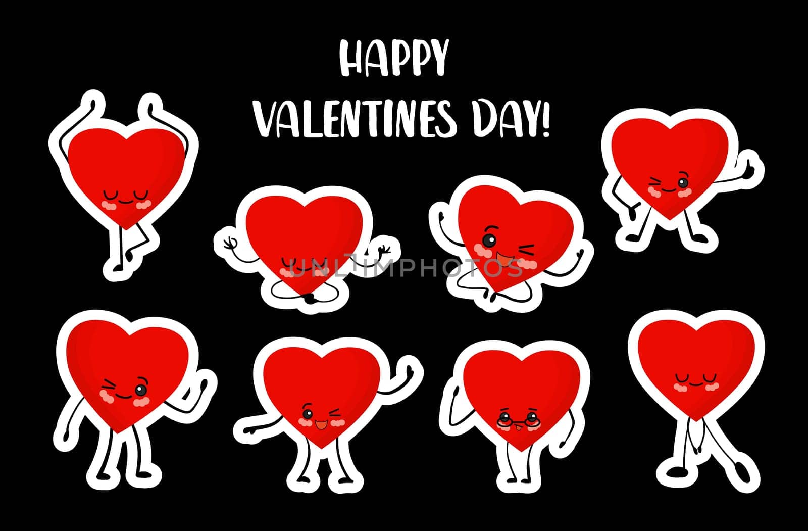 Valentine's Day. Set of stickers on a white background. Cute kawaii cartoon hearts with eyes and arms and legs. Cheerful heart character red.