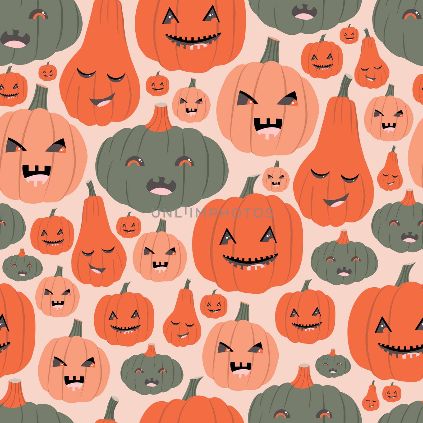 Pumpkin emotions, seamless pattern on a pink background, aphids, wallpaper trellises, halloween pumpkins, scary faces.