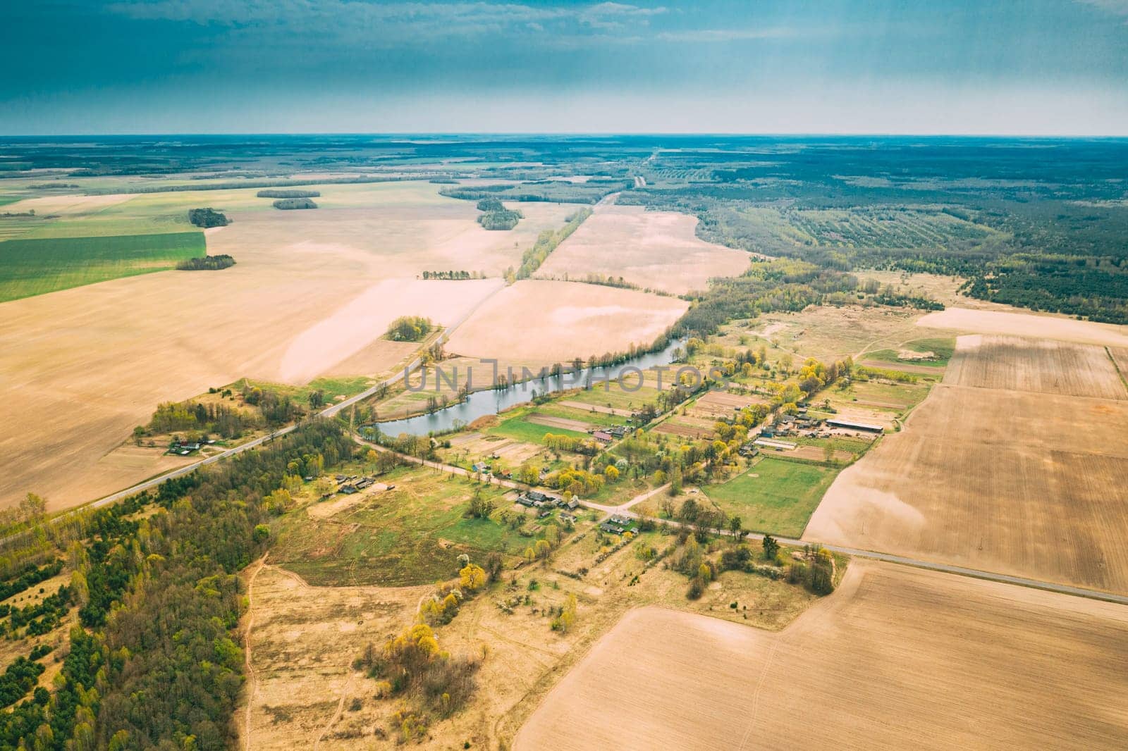 Vasilyovka, Dobrush District, Gomel Region, Belarus. Aerial View Of Small Village With Wooden Houses At Spring Day. Beautiful Rural Landscape In Bird's-eye View.