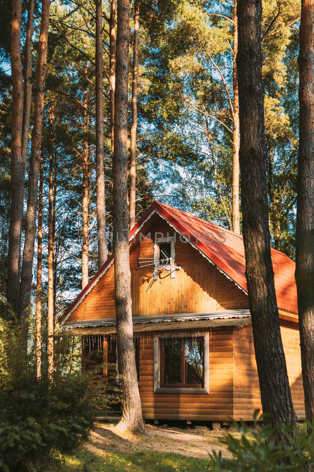 Tourist Guest House For Rest. Wooden House In Forest In Autumn Sunny Day.