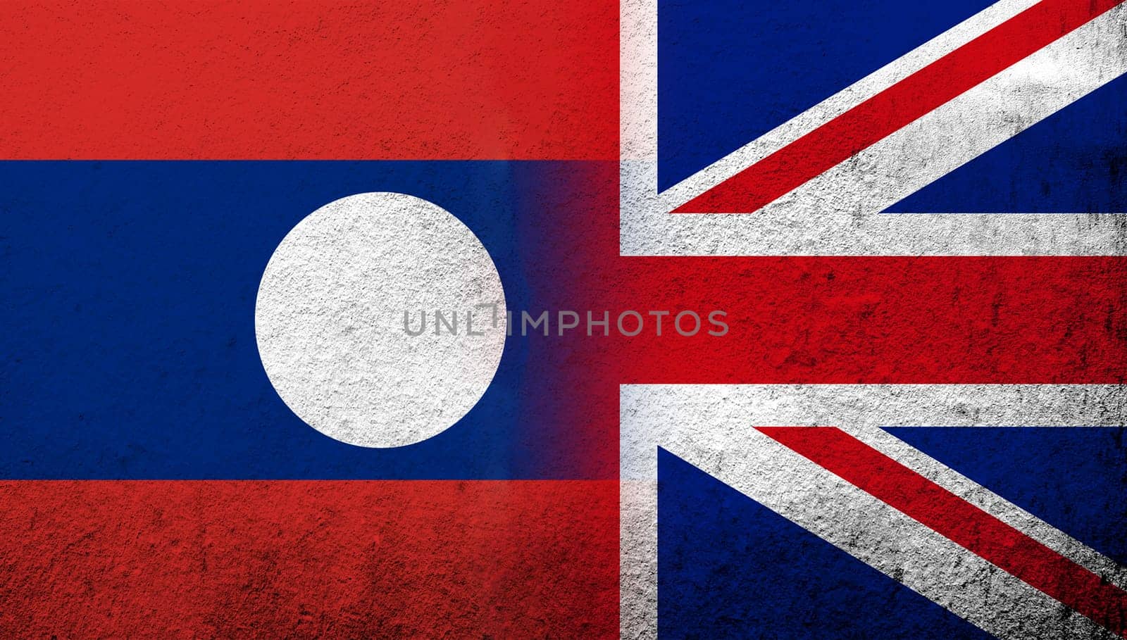 National flag of United Kingdom (Great Britain) Union Jack with Laos National flag. Grunge background