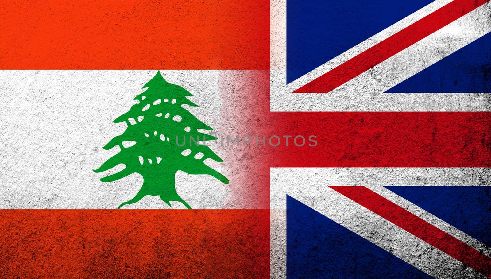 National flag of United Kingdom (Great Britain) Union Jack with Lebanon National flag. Grunge background