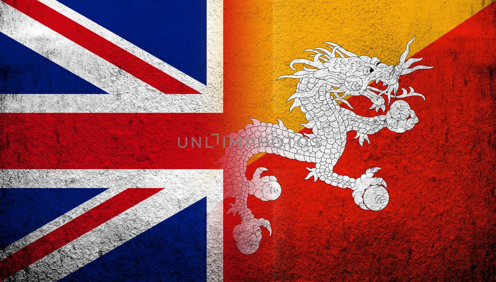 National flag of United Kingdom (Great Britain) Union Jack with Kingdom of Bhutan National flag. Grunge background