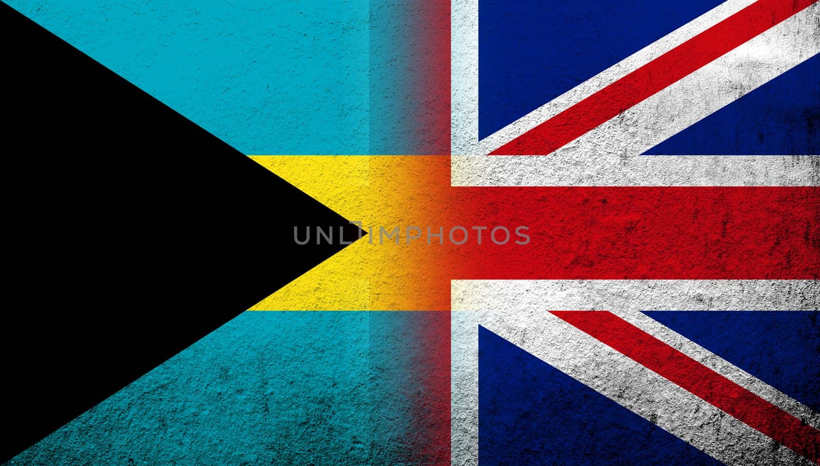 National flag of United Kingdom (Great Britain) Union Jack with Commonwealth of The Bahamas national flag. Grunge background