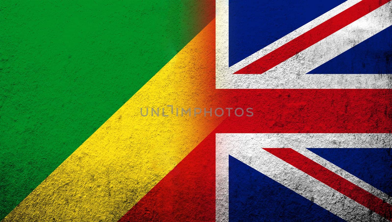 National flag of United Kingdom (Great Britain) Union Jack with Congo-Brazzaville National flag. Grunge background