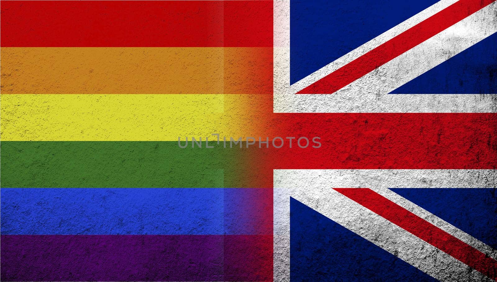 National flag of United Kingdom (Great Britain) Union Jack with Rainbow LGBT pride flag. Grunge background