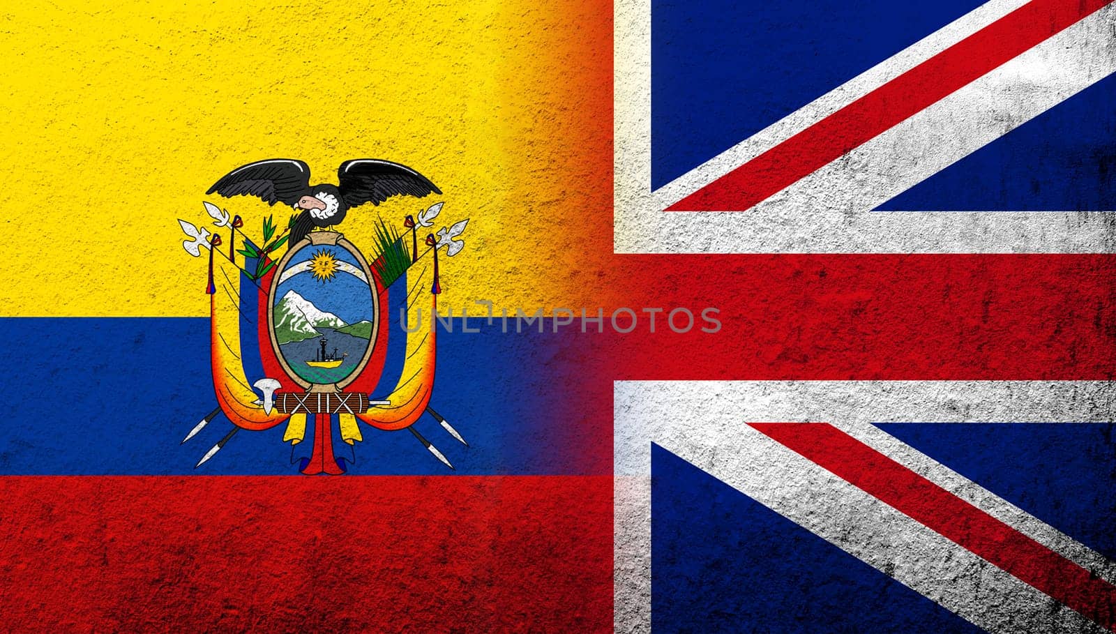 National flag of United Kingdom (Great Britain) Union Jack with Ecuador National flag. Grunge background