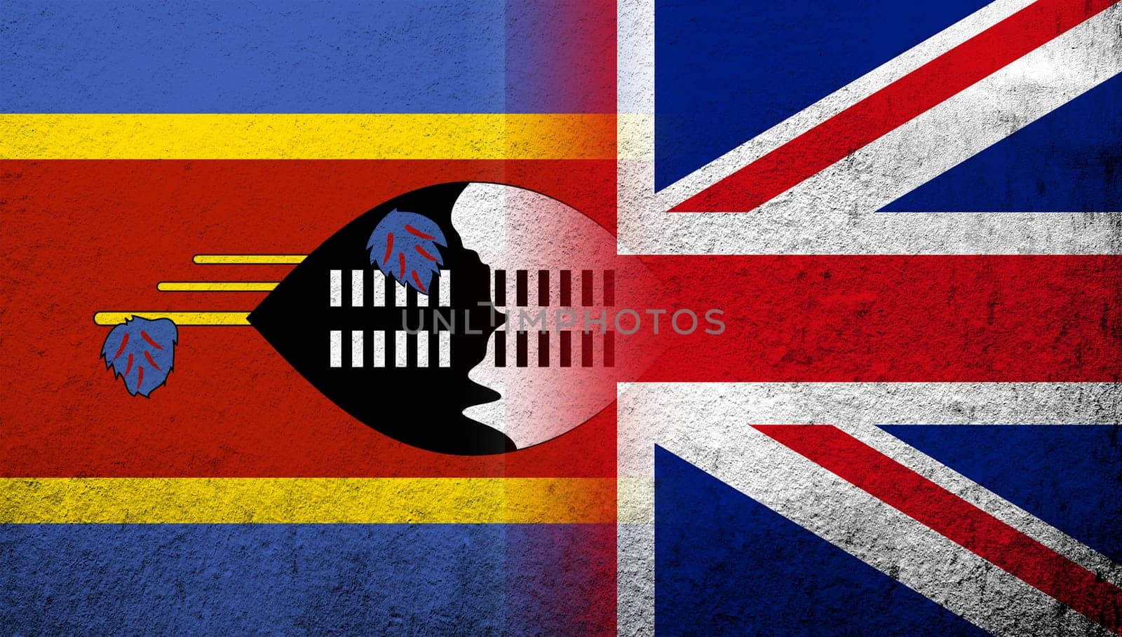 National flag of United Kingdom (Great Britain) Union Jack with Eswatini Swaziland National flag. Grunge background