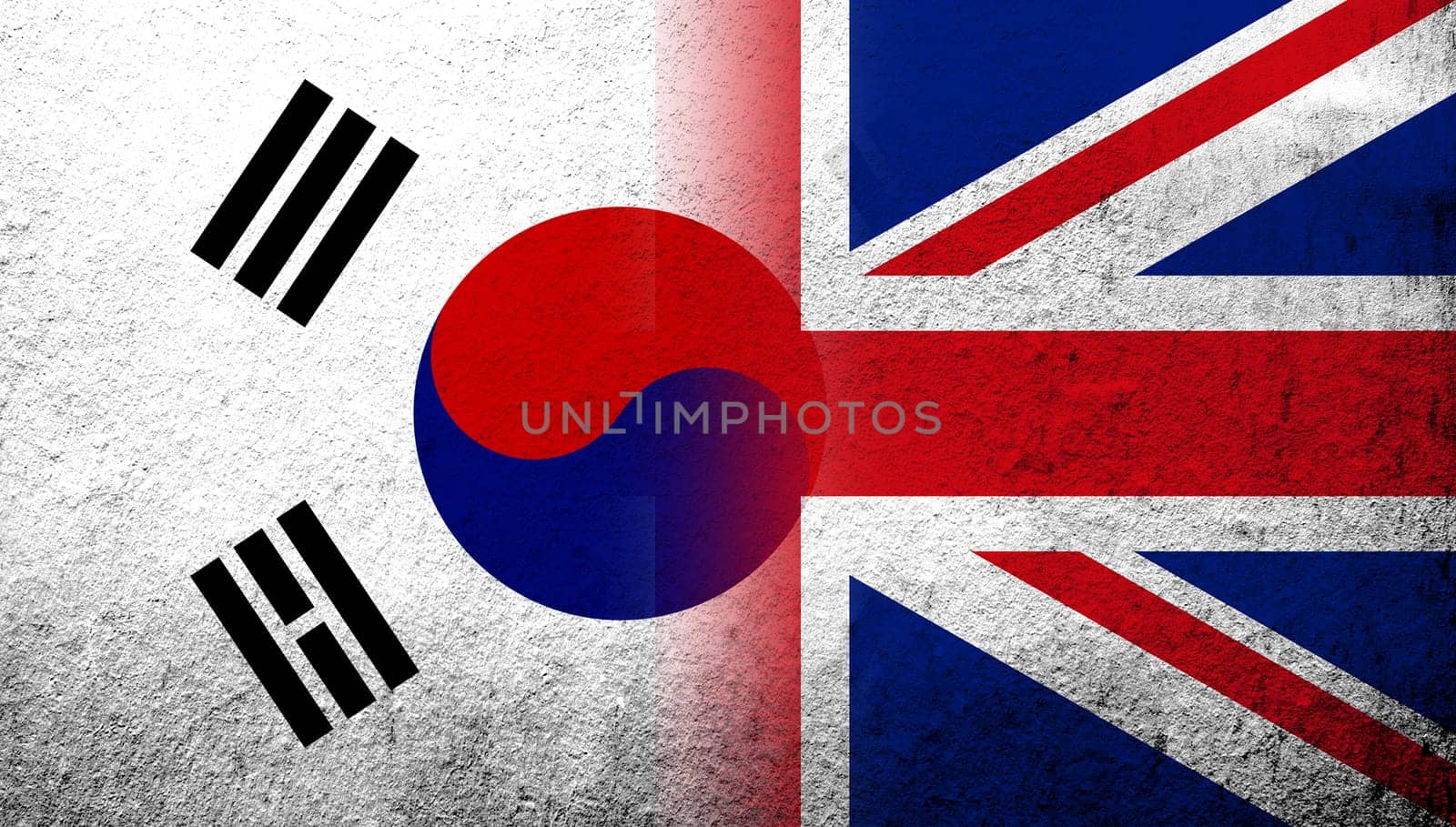 National flag of United Kingdom (Great Britain) Union Jack with National flag of South Korea. Grunge background