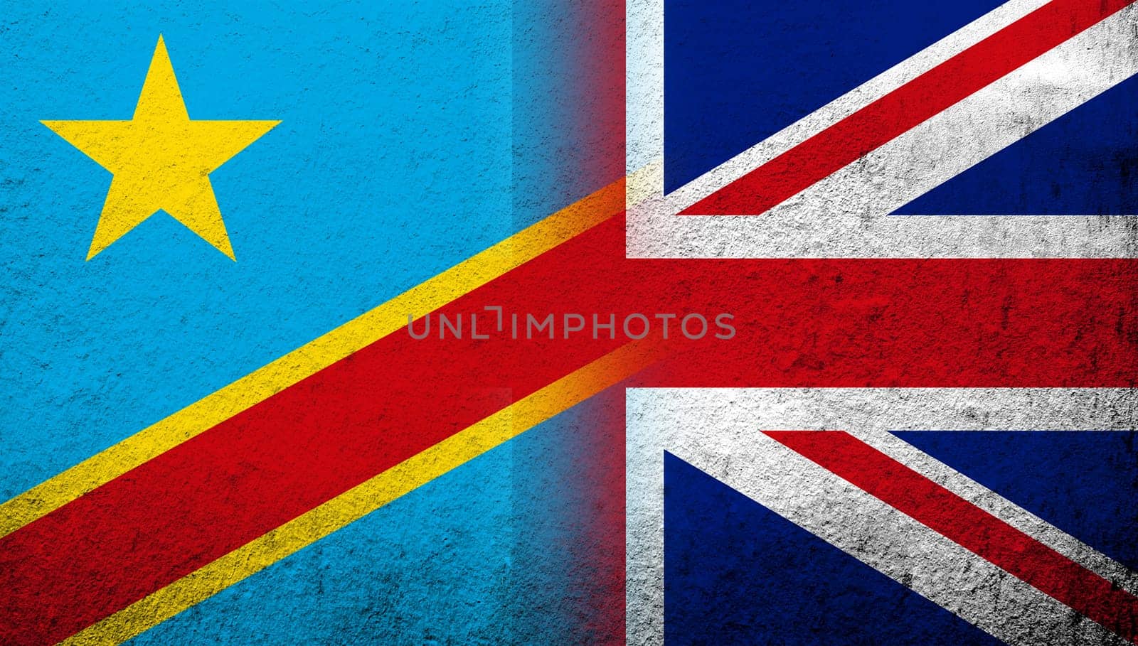 National flag of United Kingdom (Great Britain) Union Jack with Republic of the Congo national flag. Grunge background