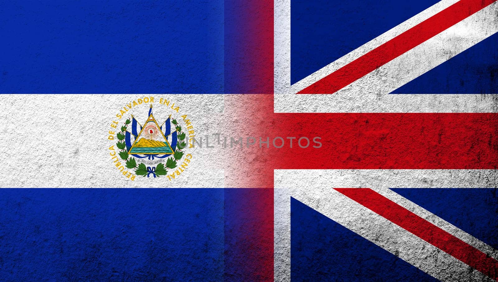 National flag of United Kingdom (Great Britain) Union Jack with El Salvador National flag. Grunge background