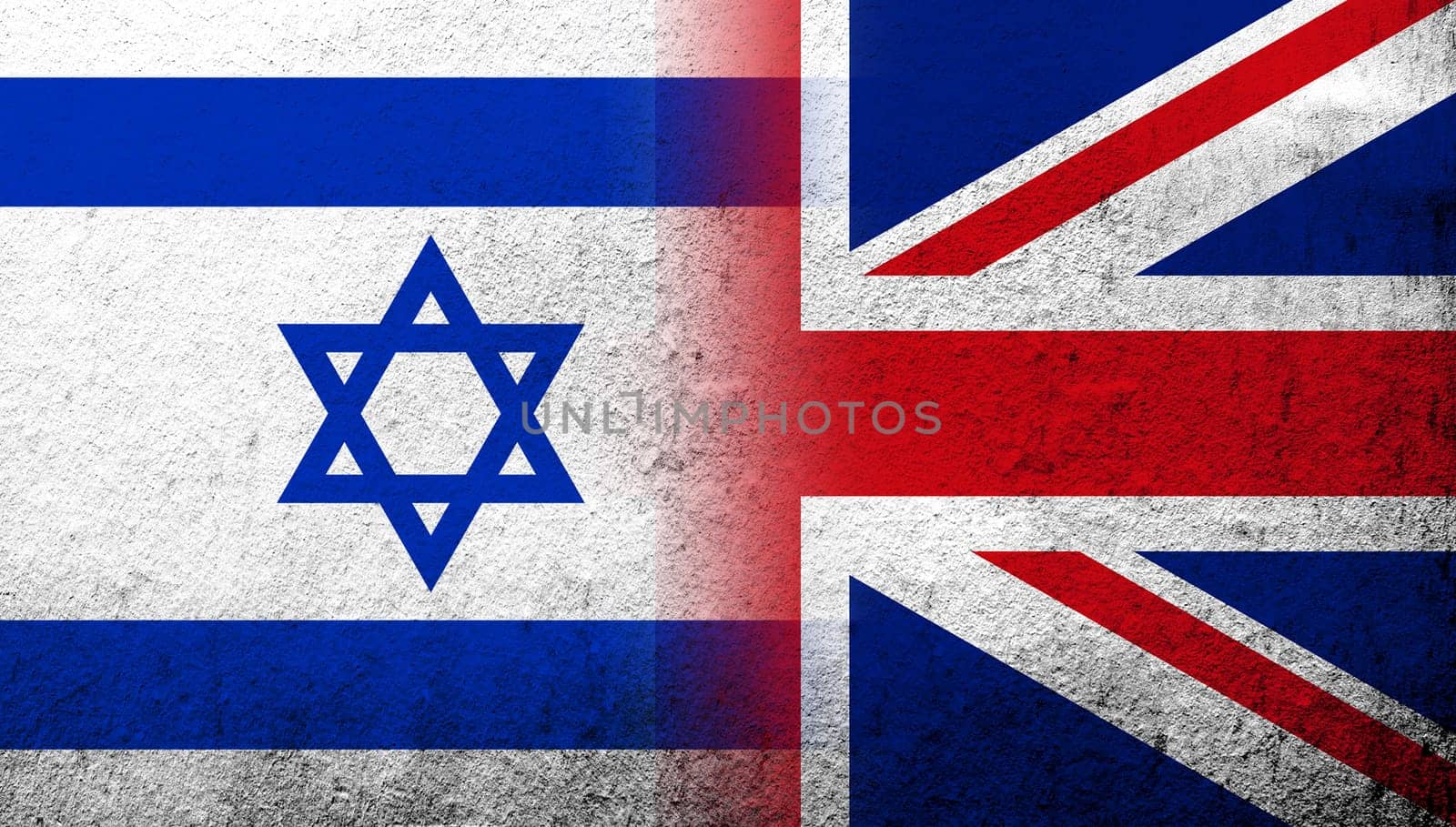 National flag of United Kingdom (Great Britain) Union Jack with State of Israel National flag. Grunge background