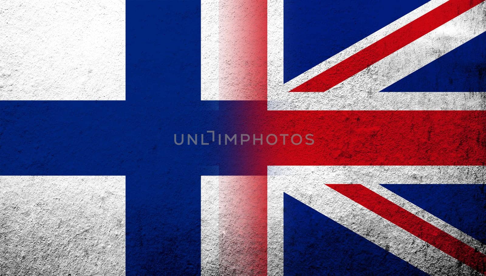 National flag of United Kingdom (Great Britain) Union Jack with National flag of Finland. Grunge background