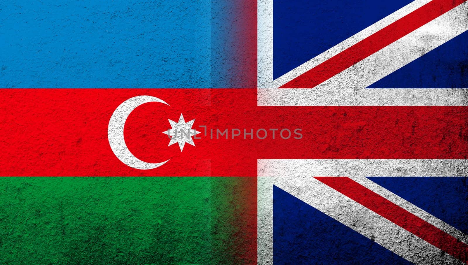 National flag of United Kingdom (Great Britain) Union Jack with Republic of Azerbaijan national flag. Grunge background