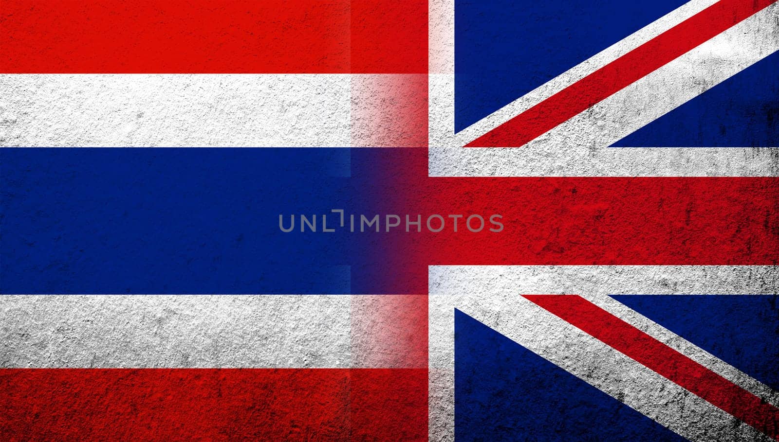 National flag of United Kingdom (Great Britain) Union Jack with The Kingdom of Thailand National flag. Grunge background
