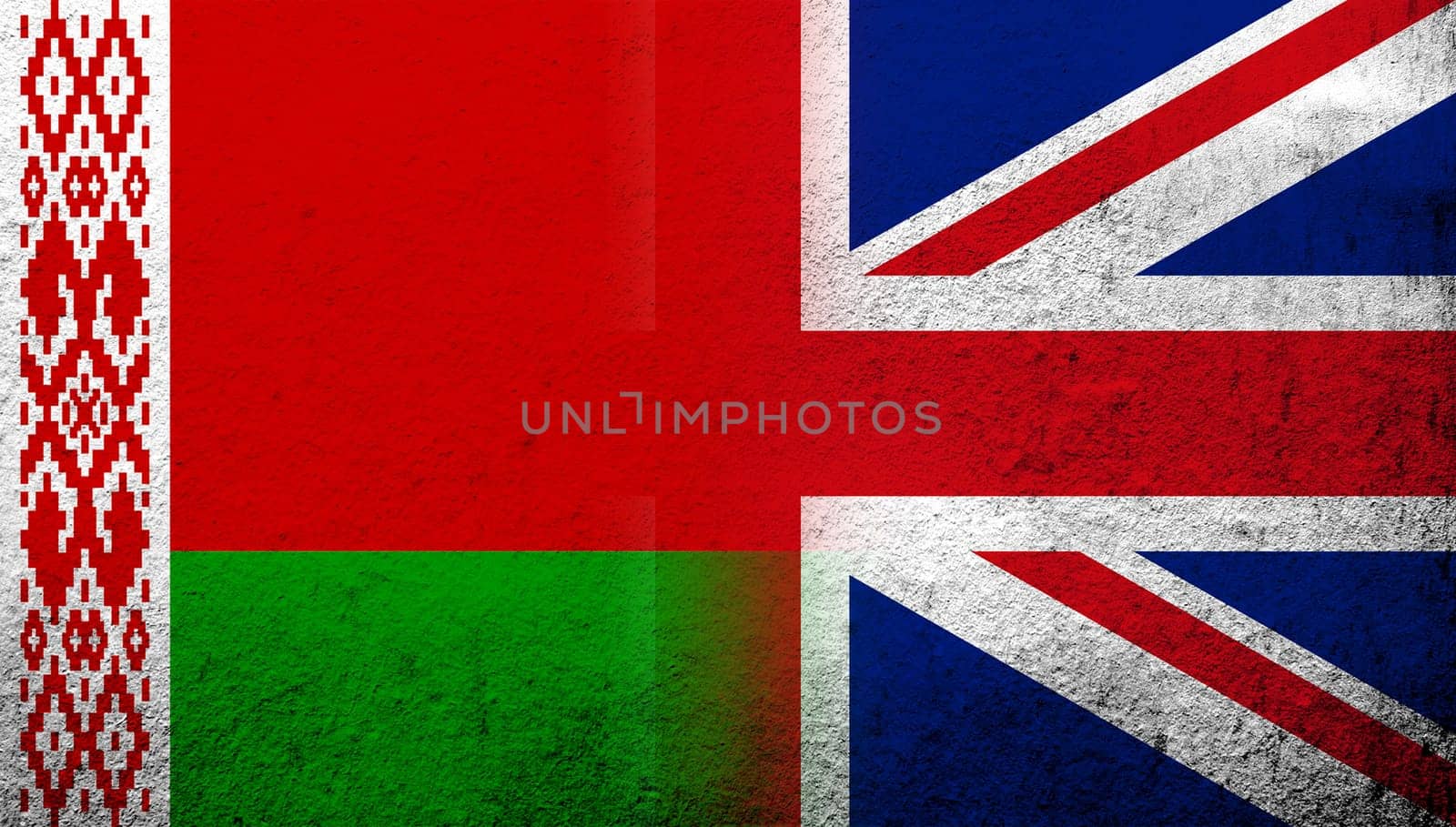 National flag of United Kingdom (Great Britain) Union Jack with Republic of Belarus National flag. Grunge background