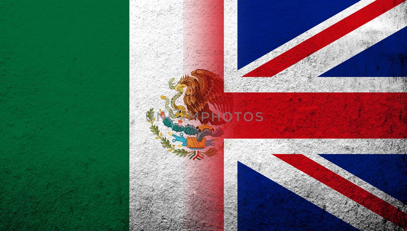National flag of United Kingdom (Great Britain) Union Jack with Mexico National flag. Grunge background