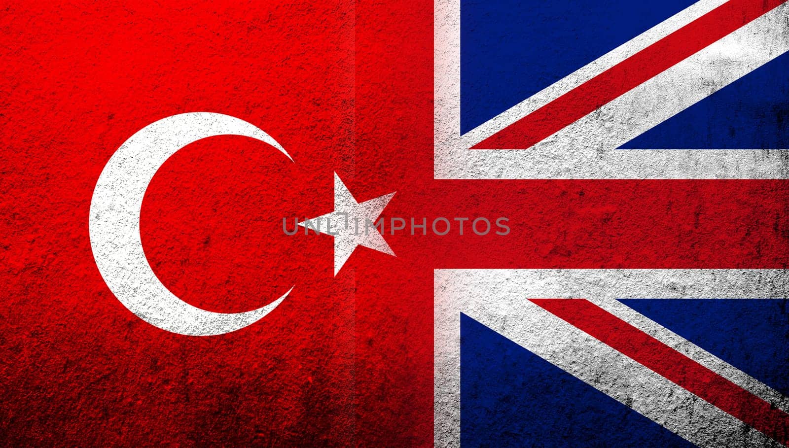 National flag of United Kingdom (Great Britain) Union Jack with National flag of Turkey. Grunge background