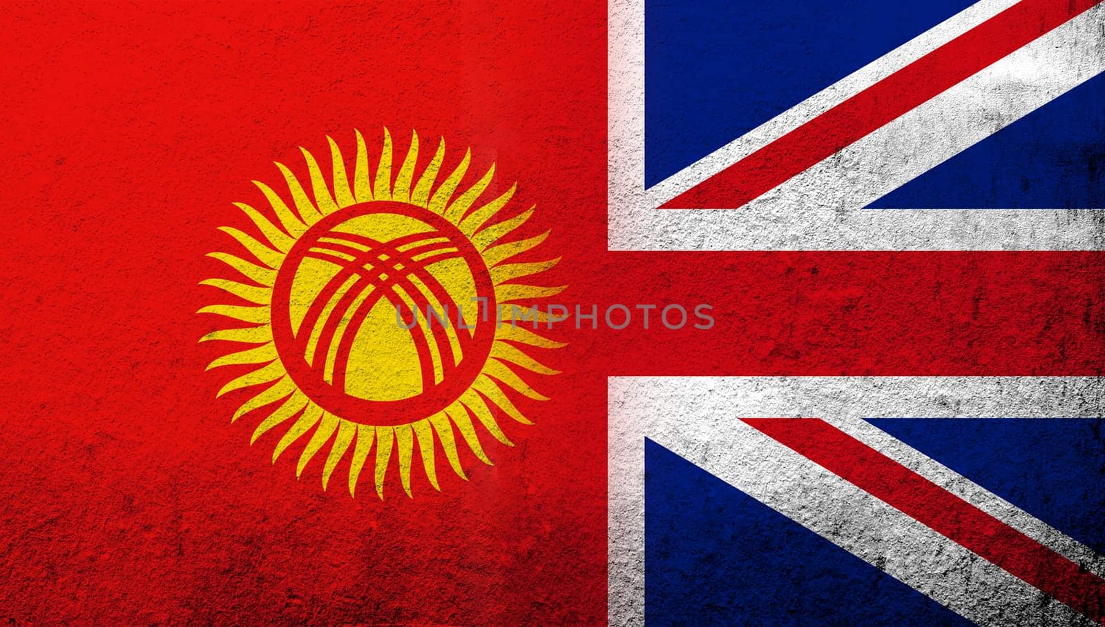 National flag of United Kingdom (Great Britain) Union Jack with The Kyrgyz Republic Kyrgyzstan National flag. Grunge background