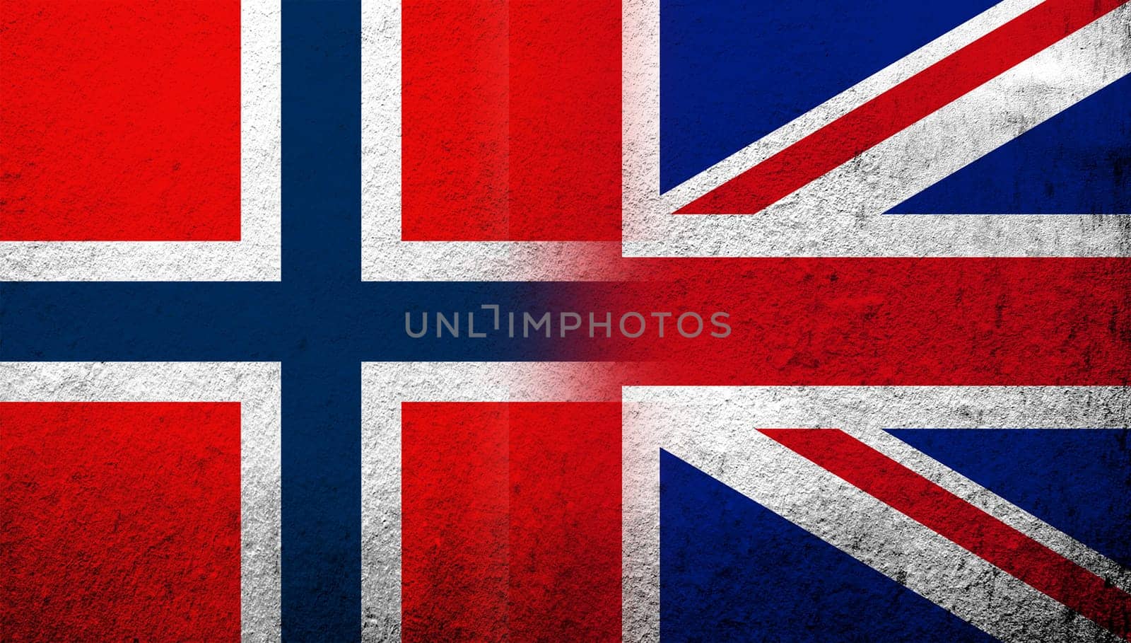 National flag of United Kingdom (Great Britain) Union Jack with The Kingdom of Norway national flag. Grunge background