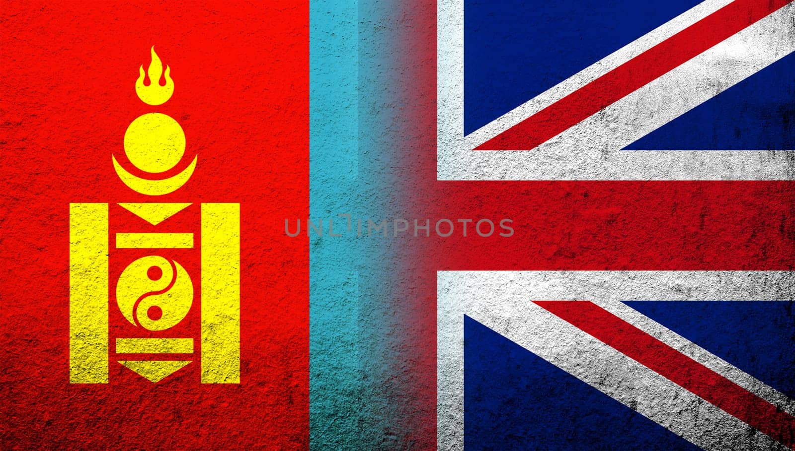 National flag of United Kingdom (Great Britain) Union Jack with National flag of Mongolia. Grunge background