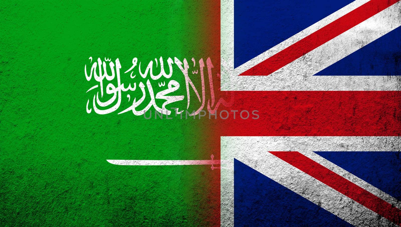 National flag of United Kingdom (Great Britain) Union Jack with The Kingdom of Saudi Arabia National flag. Grunge background