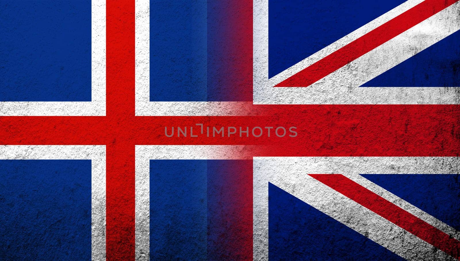 National flag of United Kingdom (Great Britain) Union Jack with National flag of Iceland. Grunge background