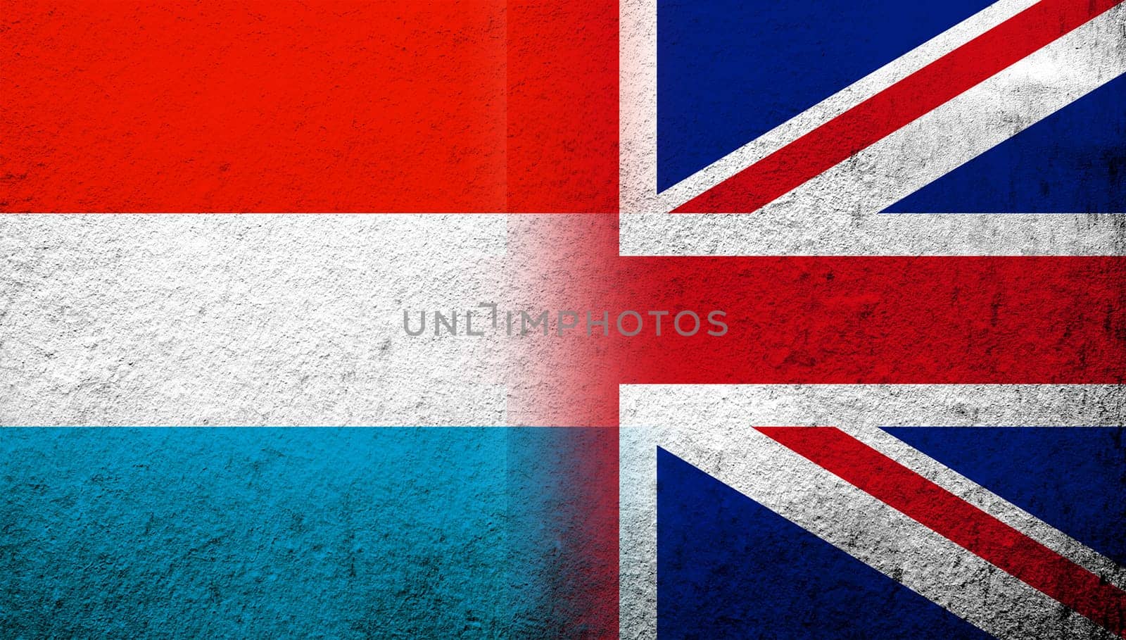 National flag of United Kingdom (Great Britain) Union Jack with Luxembourg National flag. Grunge background