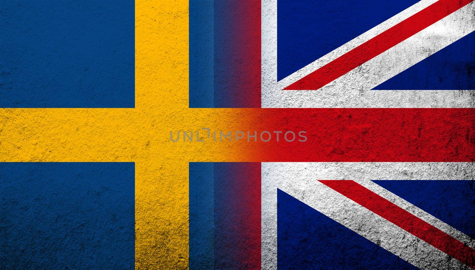 National flag of United Kingdom (Great Britain) Union Jack with The Kingdom of Sweden national flag. Grunge background