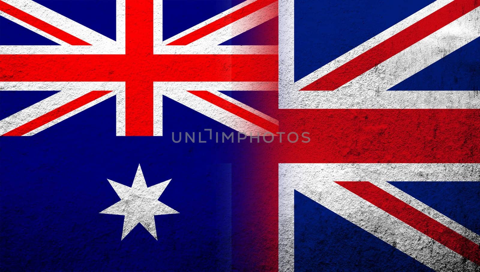 National flag of United Kingdom (Great Britain) Union Jack with National flag of Australia. Grunge background