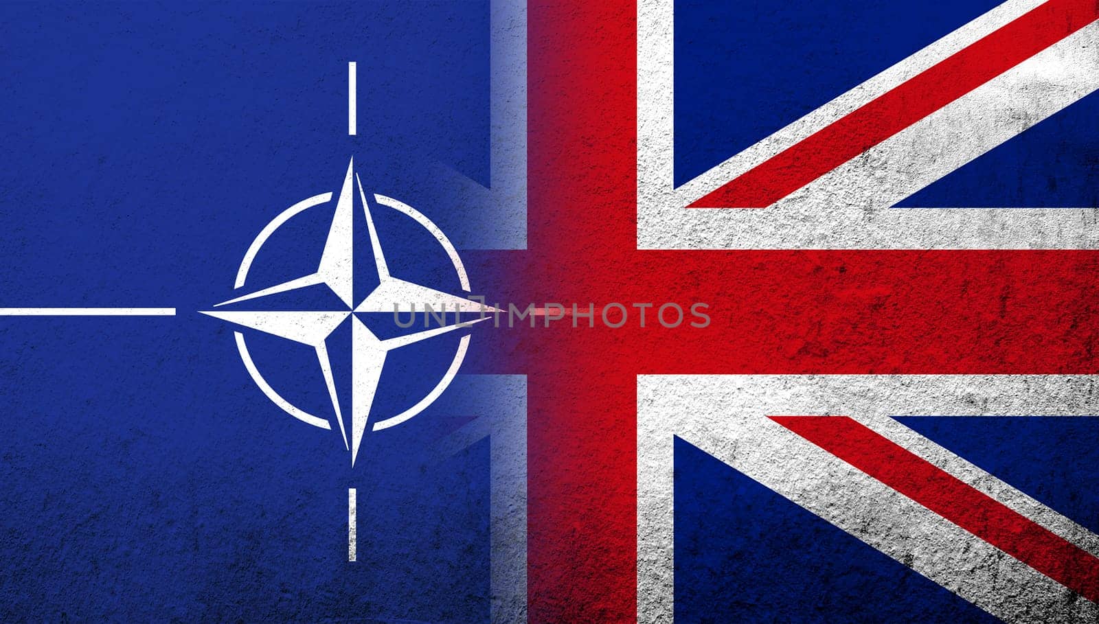 National flag of United Kingdom (Great Britain) Union Jack with North Atlantic Alliance NATO. Grunge background