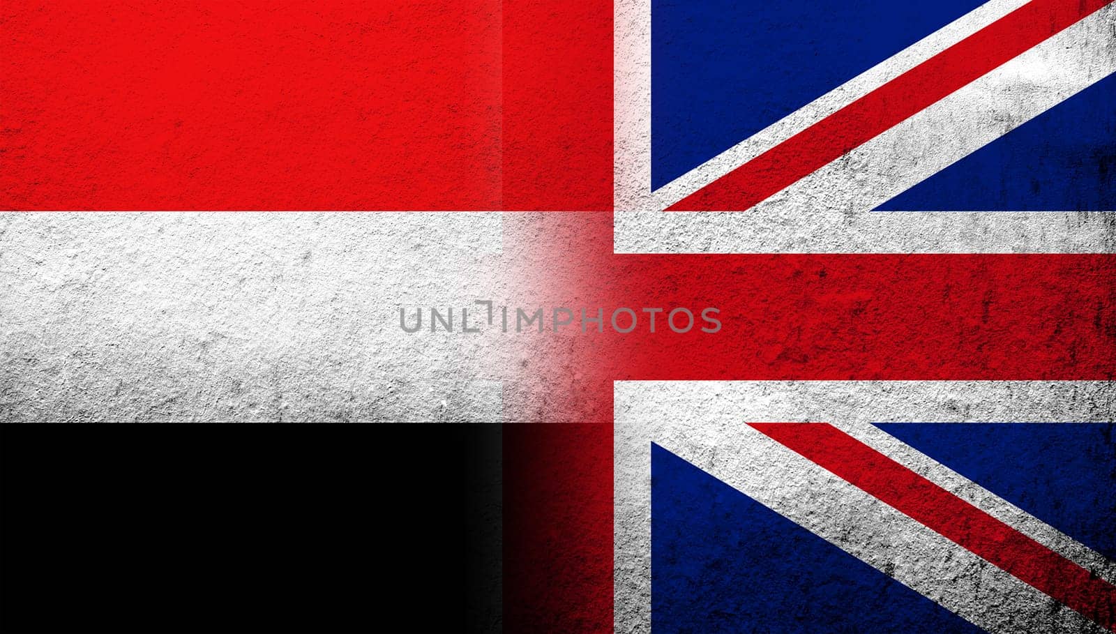 National flag of United Kingdom (Great Britain) Union Jack with National flag of Yemen. Grunge background