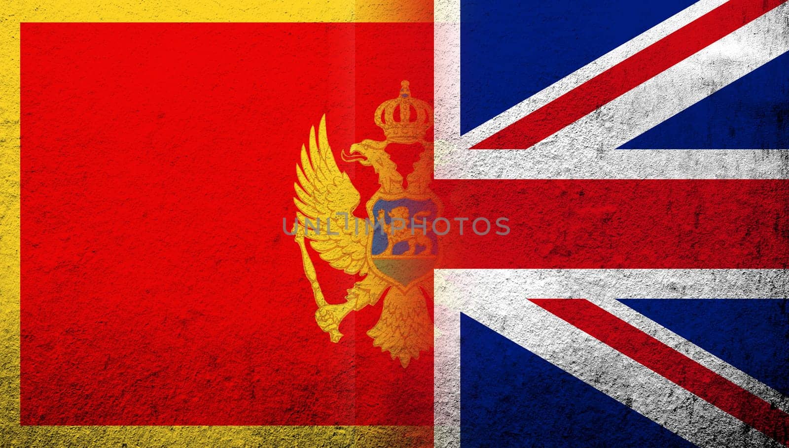 National flag of United Kingdom (Great Britain) Union Jack with National flag of Montenegro. Grunge background