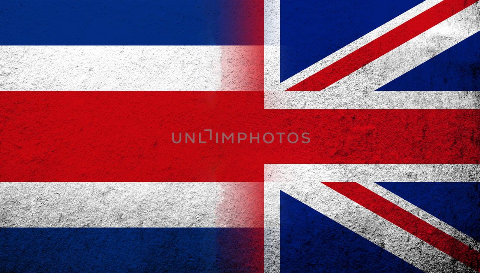 National flag of United Kingdom (Great Britain) Union Jack with Republic of Costa Rica National flag. Grunge background