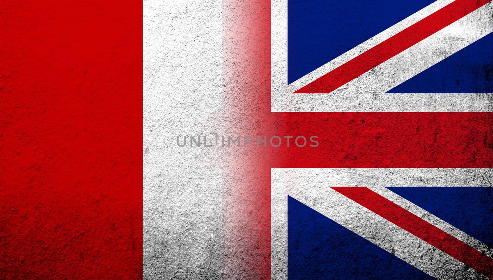 National flag of United Kingdom (Great Britain) Union Jack with The Republic of Peru National flag. Grunge background