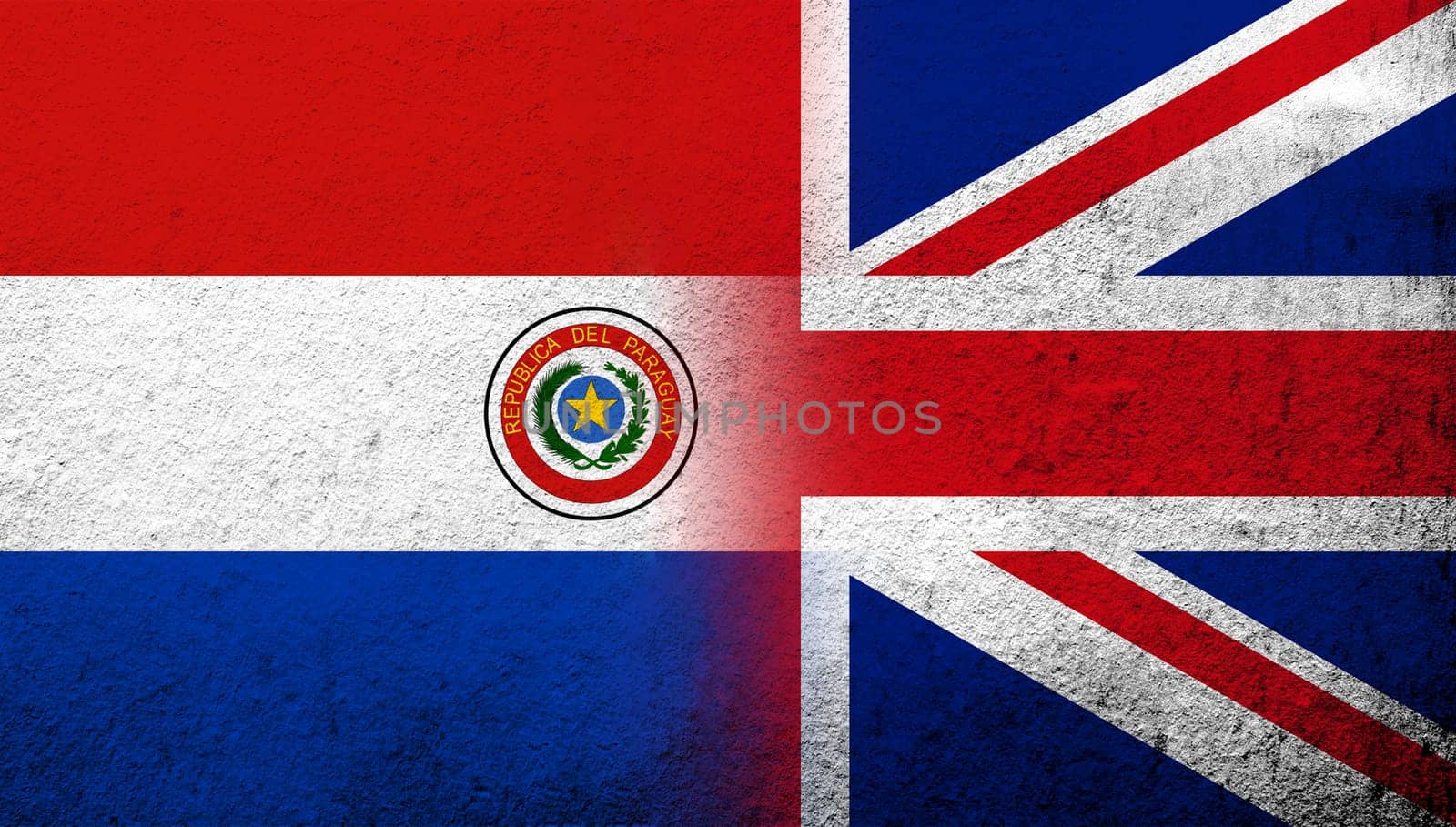 National flag of United Kingdom (Great Britain) Union Jack with The Republic of Paraguay National flag. Grunge background