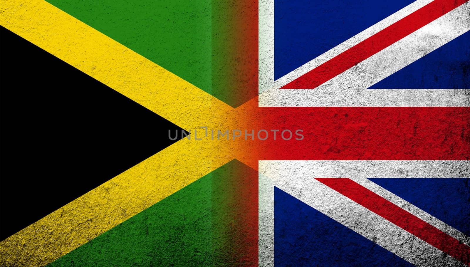 National flag of United Kingdom (Great Britain) Union Jack with National flag of Jamaica. Grunge background