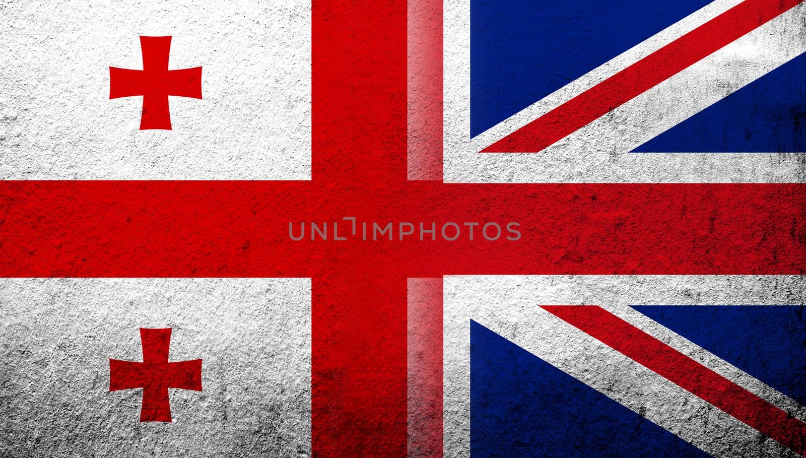National flag of United Kingdom (Great Britain) Union Jack with The national five star flag of the country of Georgia. Grunge background