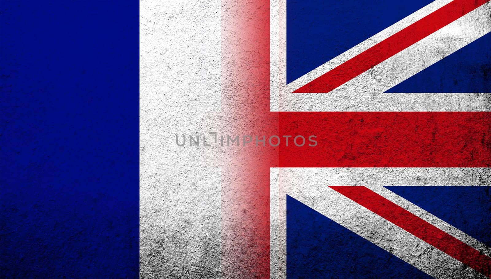 National flag of United Kingdom (Great Britain) Union Jack with The national flag of France. Grunge background